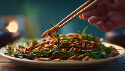 Alternative food with edible insects on plate, ai generated