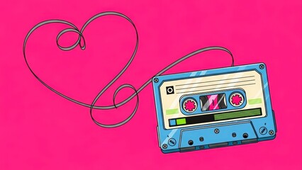 Retro Cassette Tape with Heart Shaped Wire on Pink Background.