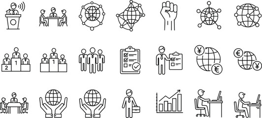 Business leadership, teamwork collaboration, global network communication, financial growth icons, professional office work and management symbol set for modern corporate design