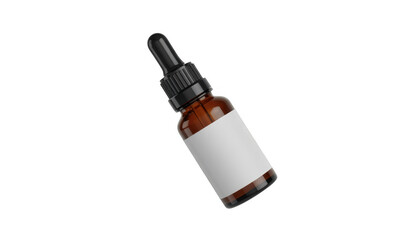 Amber glass dropper bottle with white label and black cap isolated on a transparent background