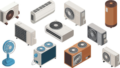 Isometric air conditioning and cooling devices set featuring HVAC units fans condensers, climate control equipment, ventilation technology, home appliance illustration