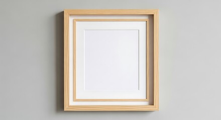 Empty Wooden Picture Frame with White Matting on a Gray Wall
