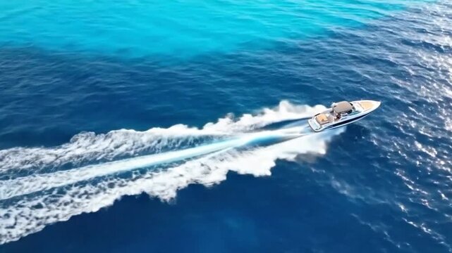 Aerial drone view of a speedboat cruising through deep blue ocean with turquoise water contrast and white foamy wake, luxury marine travel concept