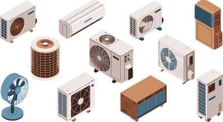 Isometric air conditioning and cooling devices set featuring HVAC units fans condensers, climate control equipment, ventilation technology, home appliance illustration