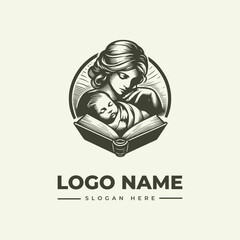 A vector logo illustration of a woman reading to a child from an open book with a circular background and sunburst design.