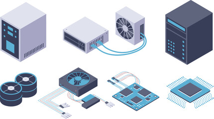 Isometric computer hardware components illustration set with servers power supplies cooling systems processors electronics technology infrastructure vector design