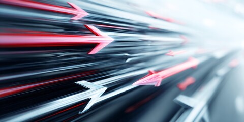 Multiple shiny arrows rush forward in a dynamic motion blur tunnel of light