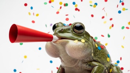 frog with a party noise maker in it's mouth, celebration, fun, on a white background, animal photo, blowing