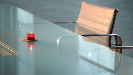 Candlelight reflects on modern metal table near chair

