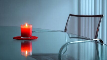 Candlelight reflects on modern metal table near chair

