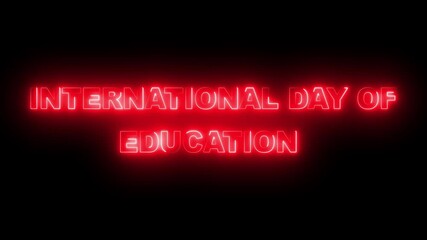 Glowing neon red color international day of education icon animation on black background.4k motion video animation.