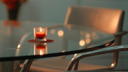 Candlelight reflects on modern metal table near chair

