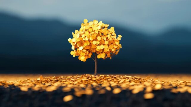 Golden coin tree wealth investment prosperity financial growth savings abundance hope fantasy landscape symbolizes success and evokes hope