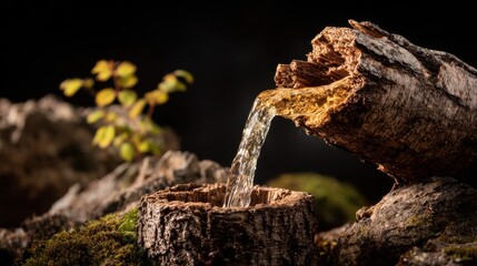 Fototapeta premium A close-up of water flowing from a hollowed log, surrounded by moss and greenery, creating a tranquil natural scene.