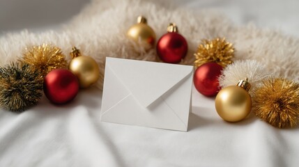 A festive envelope surrounded by colorful ornaments on a soft, textured background, evoking holiday cheer and warmth.
