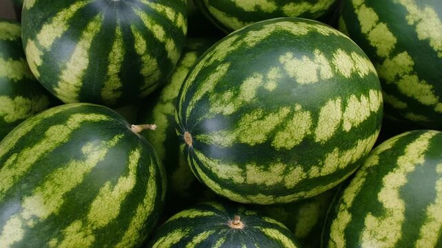 Full Frame View of Stacked Ripe Green Striped Watermelons