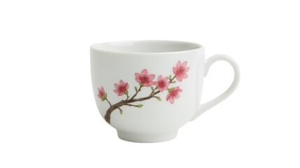 Delicate porcelain teacup with intricate cherry blossom design on white background, elegant tableware with pink flowers and green leaves, tea cup with floral pattern