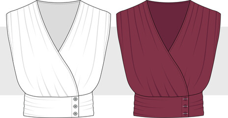 Women draped gathered sleeveless crop top, blouse. Fashion technical drawing, illustration. Cad, Mockup.