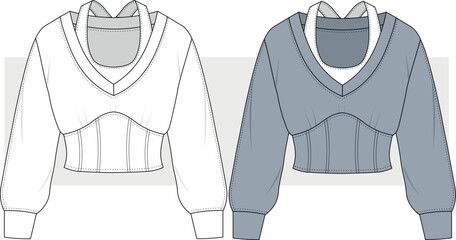 Women stylish sweatshirt with waist corset detail, illustration. Vector technical sketch, illustration, drawing, Cad, Mockup template.