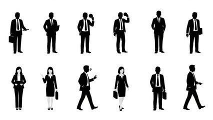 Collection of business people silhouettes in various poses on