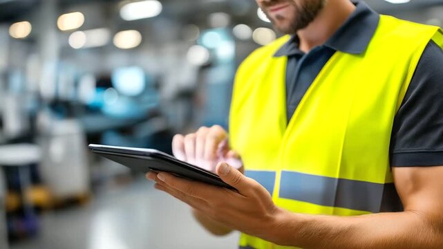 Faceless man in bright yellow high-visibility safety vest holding digital tablet for industrial data inspection, professional worker reviewing technical information, defocused fact
