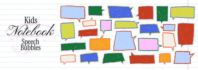 Funky kids speech bubbles with crayon outlines. Hand drawn pencil doodle text boxes and cute blank rectangle elements for school notes. Colorful crayon emphasis talk balloon shapes for text.