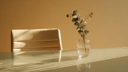 Eucalyptus Branches Decorate Glass Table with Chair in Sunlight

