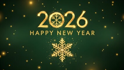 Elegant Gold 2026 Happy New Year with Snowflake on Green Background - Luxury Holiday Greeting Card Design