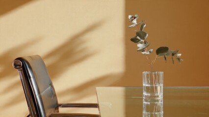 Eucalyptus Branches Decorate Glass Table with Chair in Sunlight

