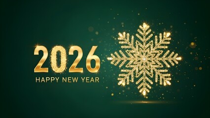 Elegant Gold 2026 Happy New Year with Snowflake on Green Background - Luxury Holiday Greeting Card Design