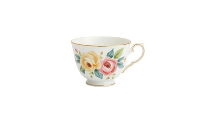 Delicate teacup with intricate handle and subtle floral design on white background, gold rim and accents