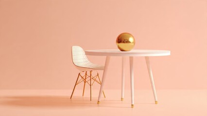 Golden Sphere Resting on Table with Chair in Pastel Room

