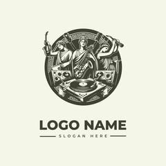 A vector logo illustration featuring a mythological scene with a central figure surrounded by decorative elements on a circular background with space for a logo name and slogan.
