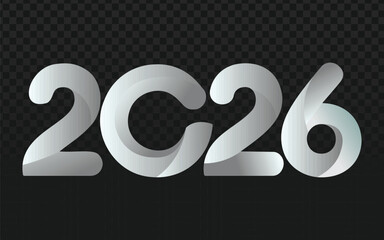 Modern 2026 typography featuring a sleek silver 3D effect with smooth gradients on a dark background. Professional vector design for corporate New Year branding, technology events, presentations