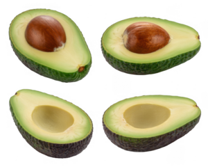 Four halved avocados with pits green fruit isolated on a transparent background
