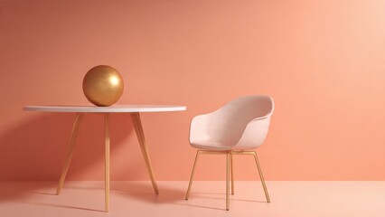 Golden Sphere Resting on Table with Chair in Pastel Room

