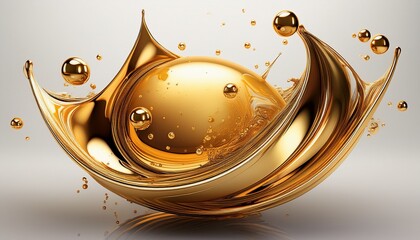golden liquid forms a spherical shape with ascending bubbles against a clean white background