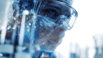Scientist wearing protective gear with abstract blue particles and light effects research goggles