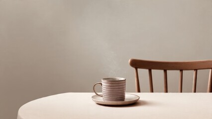 Hot Coffee Steams on Table Next to Empty Chair

