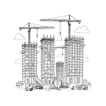 Hand drawn sketch of a city construction site with tower cranes, unfinished buildings, and heavy machinery. Vector illustration of urban development with excavators and trucks in black and white doodl