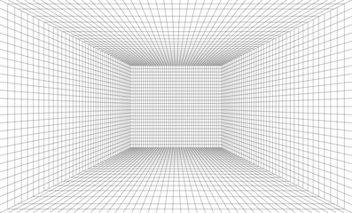 Perspective Empty Wireframe Grid Room Projection, Geometric 3d grid view vector illustration