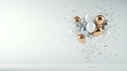 Festive Balloon Cluster: A cluster of balloons in gold, silver, and white floats playfully amidst a shower of confetti, creating a sense of joy and celebration.