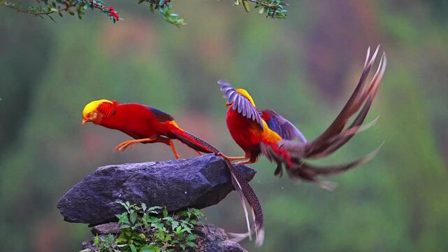 Golden pheasant interaction on rock in forest environment