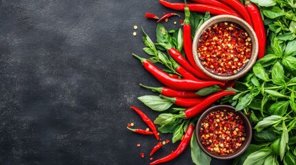 Fiery Red Chili Display: A vibrant arrangement of ripe red chili peppers, bowls of crushed chili flakes, and fresh green basil, showcasing a fiery blend of flavors and textures.