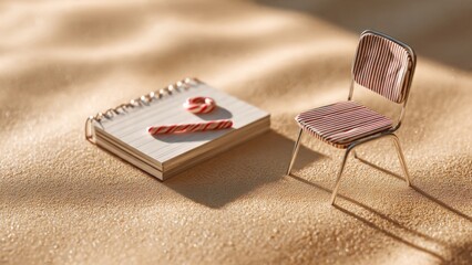 Pencils and Notebook on Desk with Chair in Desert


