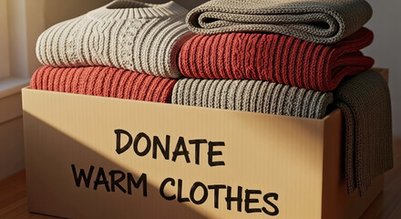 Donation box filled with warm knitted sweaters. Donate warm clothes text on cardboard. Charity and winter relief concept