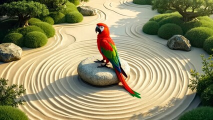 The colorful feathered parrot lies still on the stone in the Zen sand court