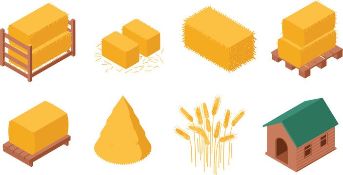 Isometric farm agriculture icons set featuring hay bales wheat barn storage pallets, rural farming production, harvest season, livestock feed illustration