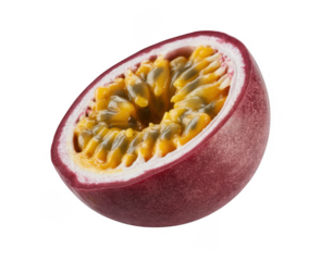 Halved passionfruit purple yellow isolated on a transparent background