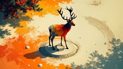 In the warm orange toned sandy courtyard, the elk looks back and stands sideways